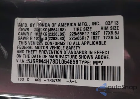2013 Honda Cr-V Ex-L from USA, damaged, VIN 5J6RM4H78DL054858